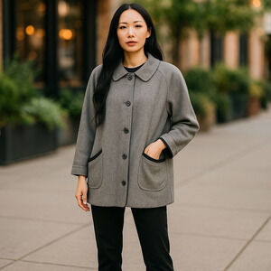 Haband Reversible Wool and Silk Coat with Leather Trim Pockets Size 2X